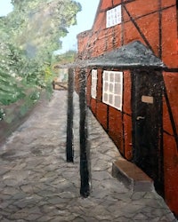 a painting of a red building with a porch