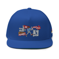 a blue hat with an image of a man riding a bike