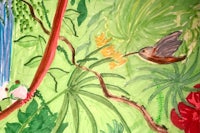 a painting of a hummingbird in the jungle
