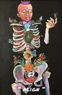 a painting of a skeleton holding a flower