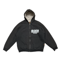 a black hoodie with a white logo on it