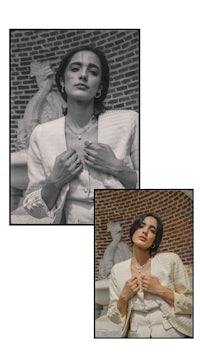 two photos of a woman posing in a white suit