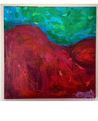 an abstract painting with red, green and blue colors
