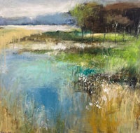 a painting of a pond with grass and trees