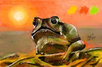 a drawing of a frog at sunset