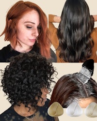 a collage of women with curly hair and a brush