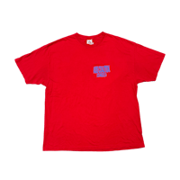a red t - shirt with a blue logo on it