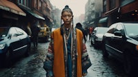 a woman in a colorful coat standing on a street