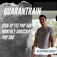 a man is standing in front of a sign with the words quarantrain sign up fee 500 monthly subscription