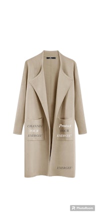 an image of a beige jacket with labels on it