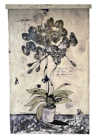 a black and white painting of a flower in a pot