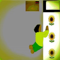 a child is leaning against a wall with sunflowers on it