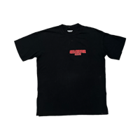 a black t - shirt with a red logo on it
