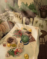 a drawing of a table with a lot of food on it