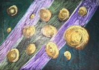 a drawing of gold coins on a purple background
