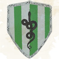 a green and white shield with a snake on it