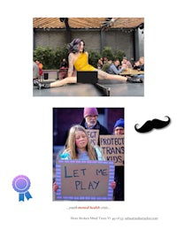 a picture of a woman with a mustache and a sign