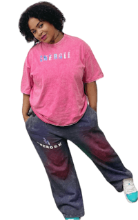 a woman wearing a pink t - shirt and sweatpants