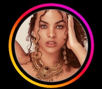 a woman with curly hair and gold jewelry posing in a circle