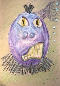 a drawing of a purple ball with bubbles on it