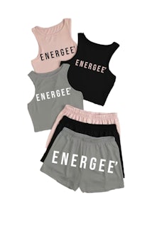 a set of shorts and a tank top with the word energize