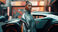 a woman in a futuristic outfit standing next to a futuristic car