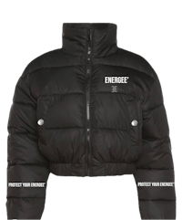 a black puffer jacket with the word energize on it