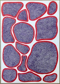 a painting with purple and red dots on a white background