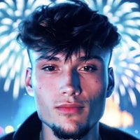 a young man in front of fireworks
