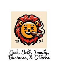 a lion smoking a cigar with the words god, self, family, business & others
