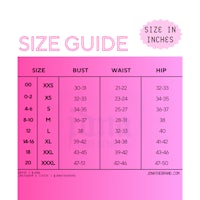 a pink poster with the size guide on it