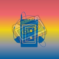 a cassette player with headphones on a colorful background