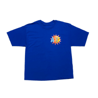 a blue t - shirt with a sun logo on it