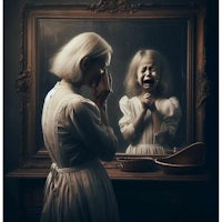 a girl is crying in front of a mirror