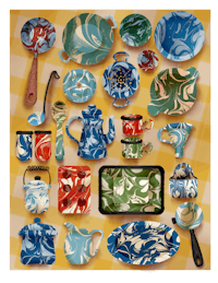 a collection of blue, green, and yellow dishes and utensils