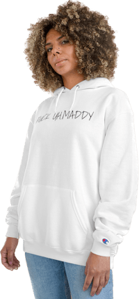 a woman wearing a white hoodie with the words'i am adamy'on it
