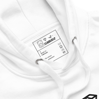 a white hoodie with a label on it