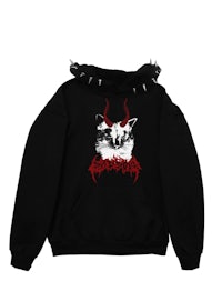 a black hoodie with an image of a cat with horns