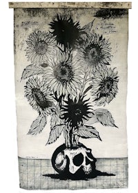 a drawing of a skull with sunflowers in a vase
