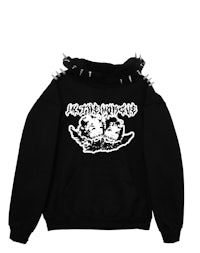a black hoodie with an image of two girls with spikes