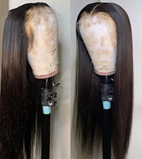 two pictures of a mannequin with long hair
