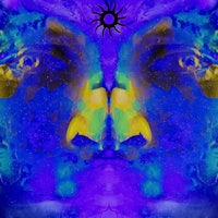 a blue and yellow face with a sun in the middle