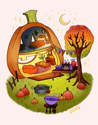an illustration of a pumpkin house and a pumpkin patch