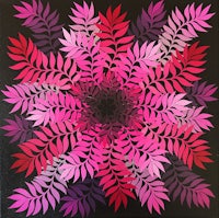 a painting with pink and purple leaves on a black background