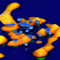 a 3d image of an orange and blue liquid