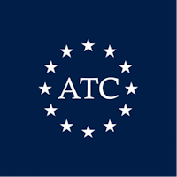 the atc logo on a blue background