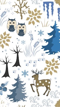 a blue and white pattern with owls, deer and trees