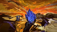 an abstract painting of a blue and orange flower