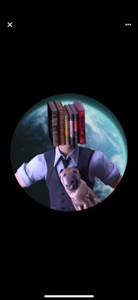 a picture of a man holding a book and a dog