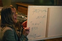 a woman holding up a white board with writing on it